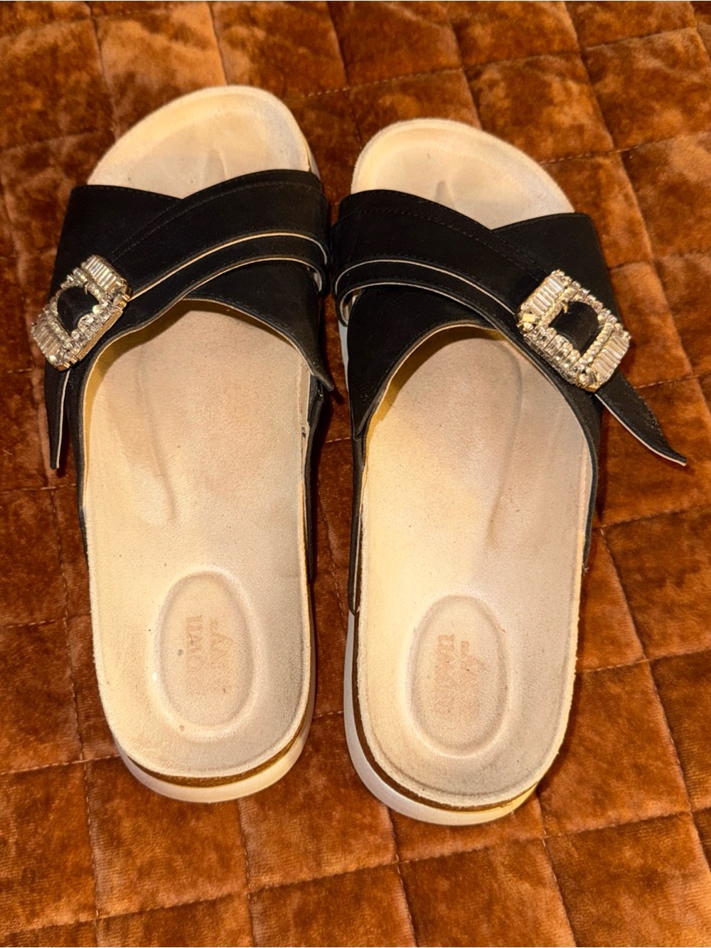 crown & ivy Black Slide Mules with Rhinestone Buckles